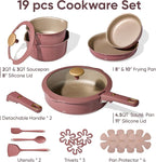 CAROTE 19 PCS Titanium Reinforced Nonstick Cookware Set with Detachable Handle, Pots and Pans Set Induction Compatible, Dishwasher & Oven Safe, Removable Handle, Red