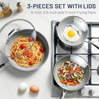Kikcoin Non Stick Frying Pans with Lid, 3 Pack Ceramic Frying Pan for Cooking, 8+9.5+11 Inch Omelette Pans Set with Stay Cool Handle, Induction Ready, Free of PFAS PFOA PTFE, Oven/Dishwasher Safe