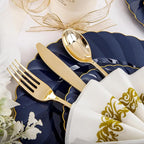 YOUBET 150PCS Blue Plastic Plates - Gold Plastic Silverware - Heavy Duty Navy Blue Disposable Plates include 50 Plates, 25 Forks, 25 Knives, 25 Spoons, 25 Napkins for Wedding Birthday Parties