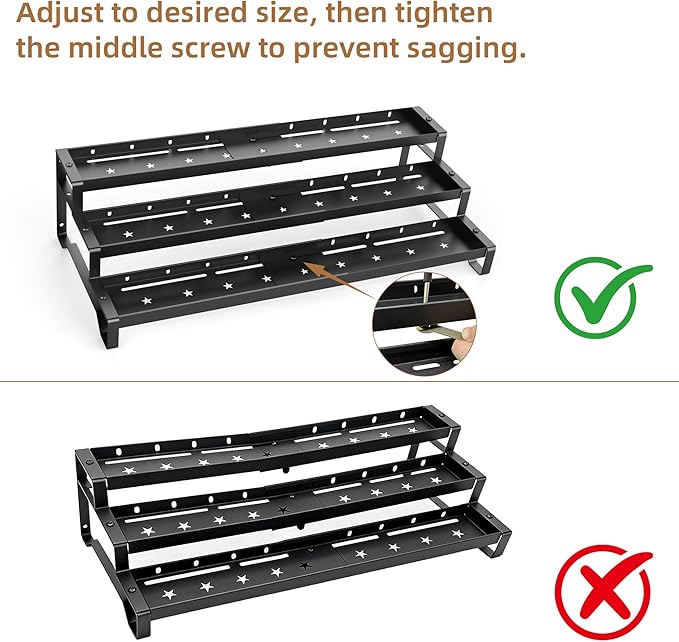 Expandable Spice Rack Organizer for Cabinet 3 Tiered Metal Seasoning Organization with Guardrails Spice Shelf Storage for Jars Adjustable Length 13"-21" Black 2Pack