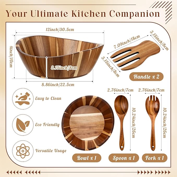 LemonRoad Wooden Salad Bowls Set 12 inch Wavy Large Acacia Wood Serving Bowl with 2 Wooden Hands 2 Utensils Fork Spoon for Fruit, Salad, Cereal, Corn flake, Pasta, Food (Regular Shaped)