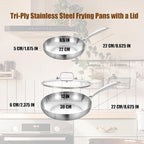 LOLYKITCH 8-12 Inch Tri-ply Stainless Steel Frying Pans Set with a Lid,Skillets,Induction Cooking Pans,Dishwasher and Oven Safe,Riveted Handle