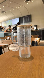 32oz Ribbed Glass Cup with Handle Lid and Straw, Borosilicate Glass Tumblers, Iced Coffee Cups Modern Glass Mug Hot/Cold Drinks for Smoothies, Tea, and Juice (clear-1 Pack-Bamboo Lid)