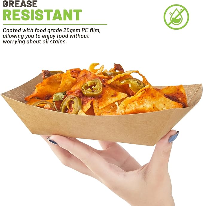 ZORRITA 3 Lb Paper Food Trays - 50 Pack Disposable Nacho Trays, Kraft Paper Food Boats Taco Holders Party Serving Baskets for Hot Dogs Snacks Tacos Fries