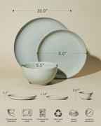 Pokini Santorini Mist Terracotta Reactive Glaze Plates and Bowls Sets, Stoneware Dinnerware Sets, Microwave and Dishwasher Safe Ceramic Dish Set Service for 4, Slate Green