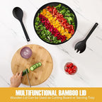 12.6" Extra Large Salad Bowl with Lid, 8.4QT Nature Bamboo Fiber Mixing and Serving Bowl with Lid, Spoon and Fork for Fruits,Salads and Vegetables (Black)