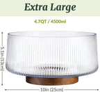 NiHome Extra Large Glass Salad Bowl with Natural Acacia Wood Base & Wooden Serving Utensils for Family Dinners, Parties, Gatherings, Multipurpose Oversized Glass Bowl for Salads(Separate-Piece Design)