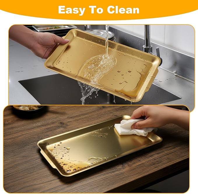 3 Pack 304 Stainless Steel Gold Serving Trays, 12.6" Rectangular Food Serving Platters, Tray Multipurpose for Buffet, Party, Kitchen