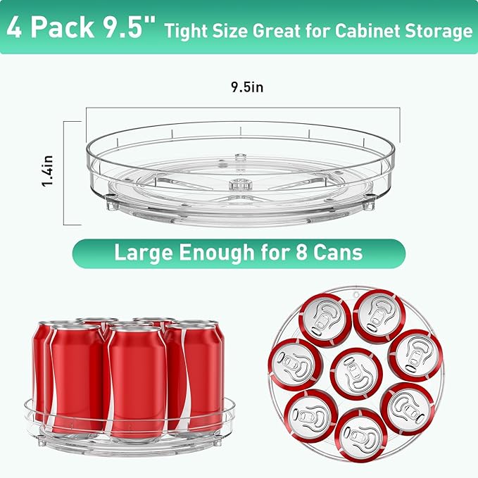 4 Pack 9.5" Lazy Susan Organizer, Pantry Organizers and Storage, Lazy Susan Turntable for Cabinet, Refrigerator, Closet, Countertop, Non-Skid Fridge Organizer