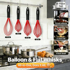 Anaeat Silicone Kitchen Whisk Set of 4, Perfect for Non-Stick Cookware, Milk and Egg Beater Blender for Whisking, Cooking, Baking, Beating - 11'' Flat Whisk and 9''+11''+12'' Balloon Whisks (Red)