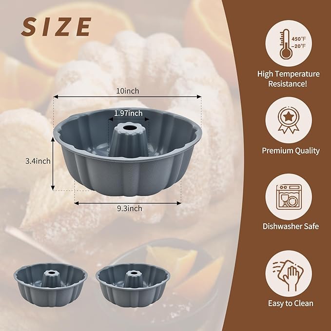 2 Pack Silicone Cake Pan Nonstick,10 Inch, Silicone Cake Molds,Pound Cake Pan, Baking for Jello,Gelatin,Cake,Brownie and Bread (Grey+Grey)