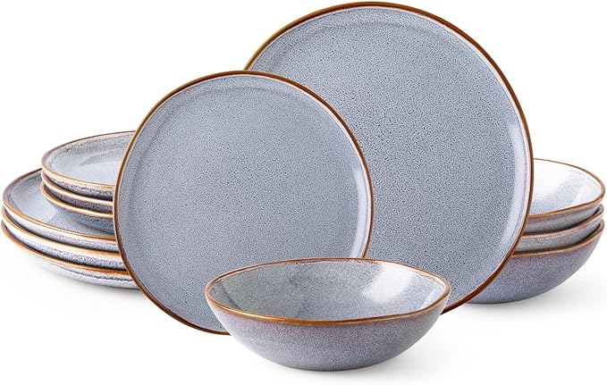 AmorArc Ceramic Dinnerware Sets,Handmade Reactive Glaze Stoneware Plates and Bowls Sets,Highly Scratch Resistant | Dishwasher & Microwave Safe Dishes Set,Service for 4 (12pc)