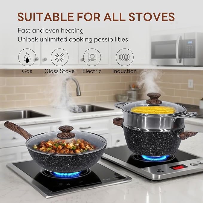 NEWBULIG 17-Piece Pots and Pans Set, Nonstick Cookware Set with Detachable Stay-Cool Handle, Non toxic Induction Kitchen Cooking Set, RV Friendly, Black