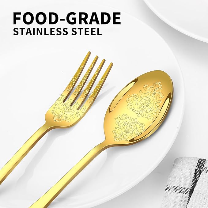49PCS Gold Silverware Set for 8 with Flatware Drawer Organizer, Stainless Steel Cutlery Set with Steak Knives, Include Spoons and Forks Set, Carving floral patterns