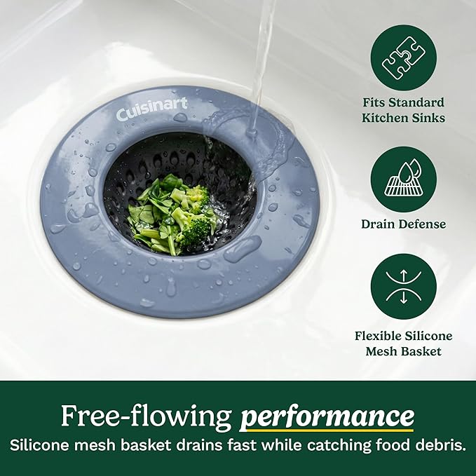 Cuisinart 2 Piece Sink Set – Sink Drain Strainer with Stainless Steel Rim & Silicone Mesh Base & Sponge Holder for Kitchen Sink, Metal Caddy with Triple Suction Cups, Daily Kitchen Essentials