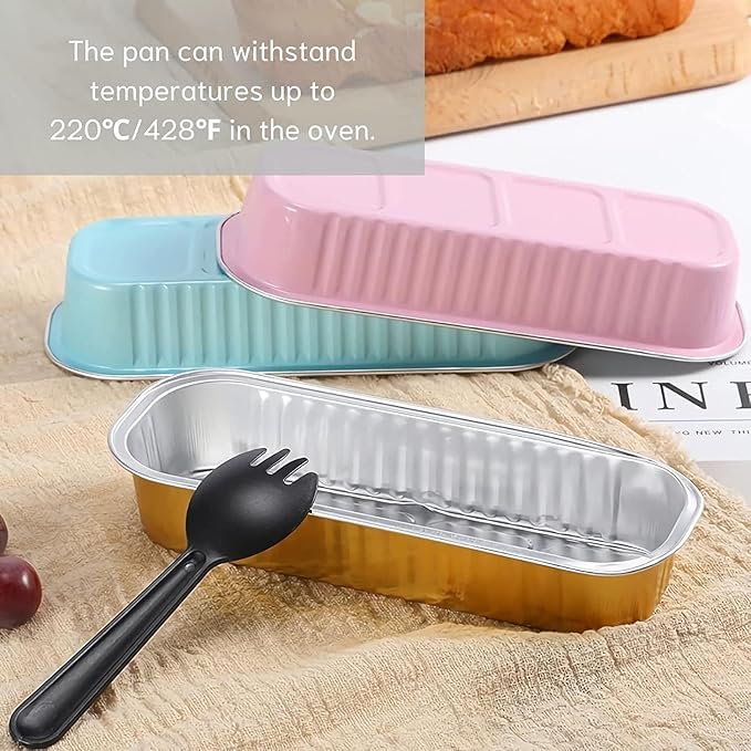 Mini Loaf Baking Pans with Lids And Spoons (100 Pack, 6.8oz) Rectangle Aluminum Foil Baking Pans Tins Containers - Cupcake Containers Wrappers Cheesecake Creme Brulee Ramekins