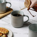 MONITO 16Oz Coffee Mugs Set of 4, Rustic Ceramic Coffee Cups Set with Large Handle, Vintage Striped Stoneware Coffee Mugs for Latte, Cocoa, Tea, Milk, Microwave & Dishwasher Safe, Smoky Blue