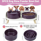 Elevated Slow Feeder Dog Bowls - Ceramic Food and Water Bowl Set with Stand - Raised Pet Dishes for Small and Medium Sized Dogs