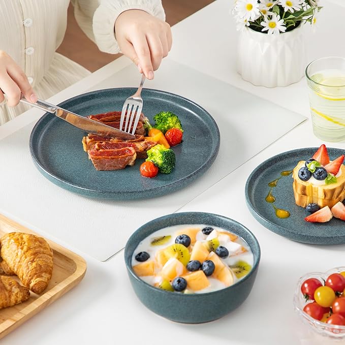vancasso ZERMATT Plates and Bowls Sets for 6, 18 Pieces Stoneware Dinnerware Set for Kitchen, Chip Resistant Reactive Glaze Dishes Set for 6, Dishwasher & Microwave Safe, Blue