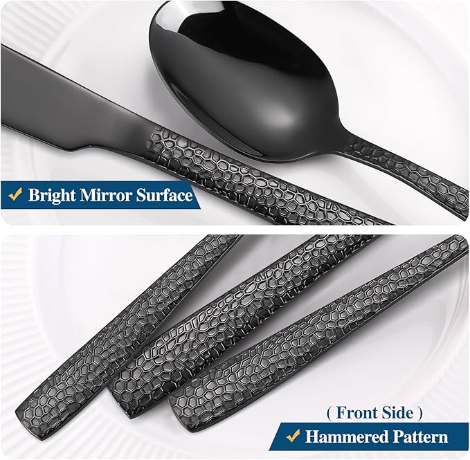 20 Piece Black Modern Flatware Set Hammered Silverware Set Stainless Steel Fine Vintage Dining Cutlery Utensil Set Forged with Hammered Handle Service for 4 Reusable Mirror Finish Dishwasher Safe