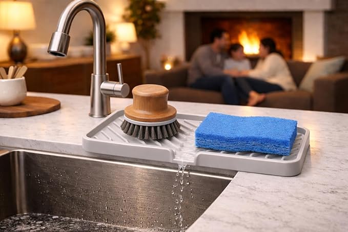 Happitasa Silicone Soap Dish Tray and Sponge Holder with Drain Chute and Feet | 3-Way Sloped Design | Bathroom and Kitchen Sink Organizer Caddy (Light Grey, 10"x4", 7.8 Ounces)