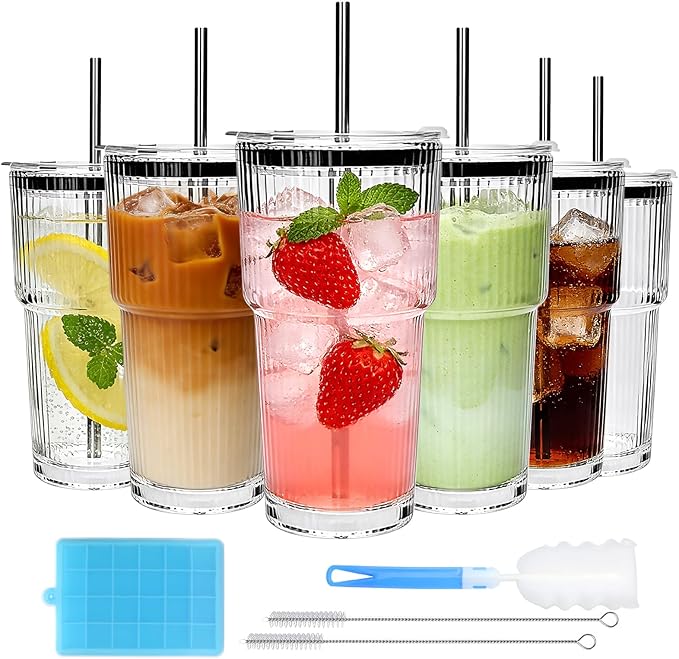 Accguan 20oz Ribbed Glass Tumbler with Straw and Lid,Glass Cup,Reusable lced Coffee Cups with lids-Glass Cups with Lids for Smoothie,Coffee,Juice,Tea,Travel Mug,Cold & Hot Beverages, 6Pack