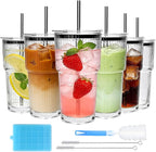 Accguan 20oz Ribbed Glass Tumbler with Straw and Lid,Glass Cup,Reusable lced Coffee Cups with lids-Glass Cups with Lids for Smoothie,Coffee,Juice,Tea,Travel Mug,Cold & Hot Beverages, 6Pack
