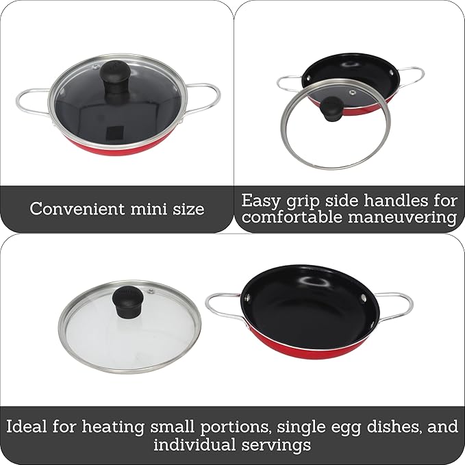 IMUSA Mini Fry Pan 5.8” Nonstick Skillet, Caribbean Red Ceramic Egg Pan with Glass Lid, Small Aluminum Cookware for Single Servings, PFAS Free