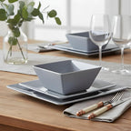 TP 12-Piece Melamine Dinnerware Sets, Plates and Bowls Dishes Set for 4, Break-Resistant & Non-Microwavable, Lightweight Square Dinner Plates, Grey