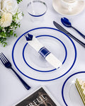 BESTVIP 350PCS Plastic Clear Blue Plates for Party, Disposable Dinnerware Set for 50 Guests, 100 Plastic Plates, 50 Cups, 50 Pre-Rolled Napkins with Cutlery for Graduation Party, Christmas, Birthday