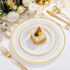 NOCCUR 700PCS Gold Disposable Dinnerware Set for 100 Guests - Include 200 Gold Dinner/Dessert Plates, 100 Napkins, 100 Cups, 300 Plastic Silverware for Wedding/Party/Thanksgiving