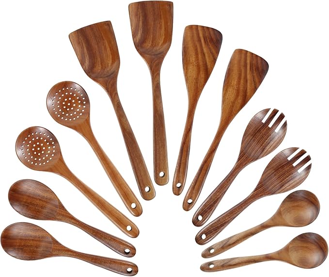 12Pcs Teak Spoons Set Sturdy Cooking Utensils Set with Hanging Hole Wooden Spoons Wood Spatula Spoon Comfortable Grip Colander Fork Set for Kitchen Cooking