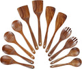 12Pcs Teak Spoons Set Sturdy Cooking Utensils Set with Hanging Hole Wooden Spoons Wood Spatula Spoon Comfortable Grip Colander Fork Set for Kitchen Cooking