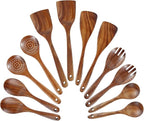 12Pcs Teak Spoons Set Sturdy Cooking Utensils Set with Hanging Hole Wooden Spoons Wood Spatula Spoon Comfortable Grip Colander Fork Set for Kitchen Cooking