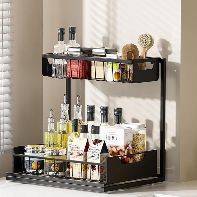 Ceetug Under Kitchen Sink Organizers and Storage Pull Out 2 Tier Metal Bathroom Cabinet Organizer (Black, 1 Pack)