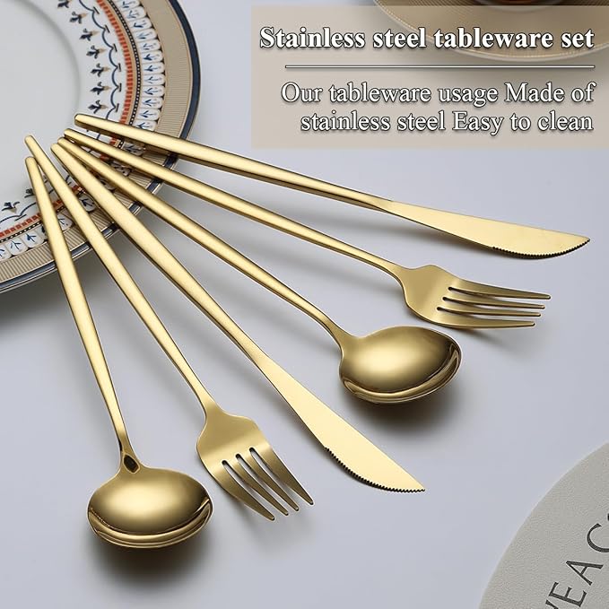 Evanda Gold Silverware Set 60 Piece Service for 20, Titanium Gold Plated Stainless Steel Flatware Set, Knives Forks Spoons Cutlery Set for Wedding, Parties, Birthday, Restauroom, Dishwasher Safe