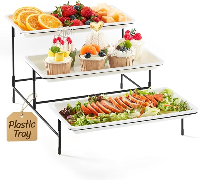 Lifewit 3 Tier Serving Tray, 30 x 17 cm/12 x 6.5 White Plastic Tiered Food Serving Platters, Tiered Tray Stand for Party with Black Collapsible Metal Stand, Dessert Display Stand for Cookies/Crackers