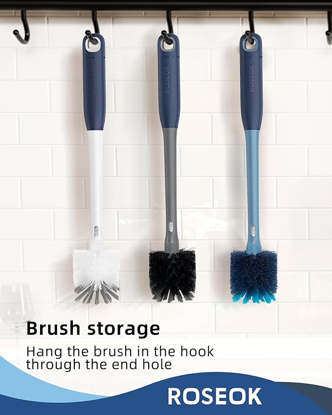 ROSEOK 2 in 1 Long Handle Bottle Brush with Straw Brush for Cleaning Glass, Sports Bottle, Coffee Mug,Navy Blue,1 Pack