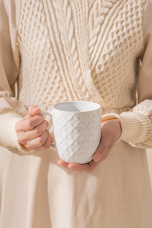 FOBENTA Ceramic Coffee Mugs Set of 4, 16 oz Coffee Cups with Embossed Design – Perfect for Latte, Tea & Cocoa, Gift for Women, Mom & Friends