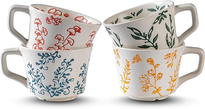 Ceramic Mugs 11 oz Unique Luxurious Cups Set of 4, Mug for Coffee Milk Latte Cappuccino Tea, Office Home Kitchen Use, Dishwasher Birthday Gift Microwave Freezer Safe Stoneware Mixed