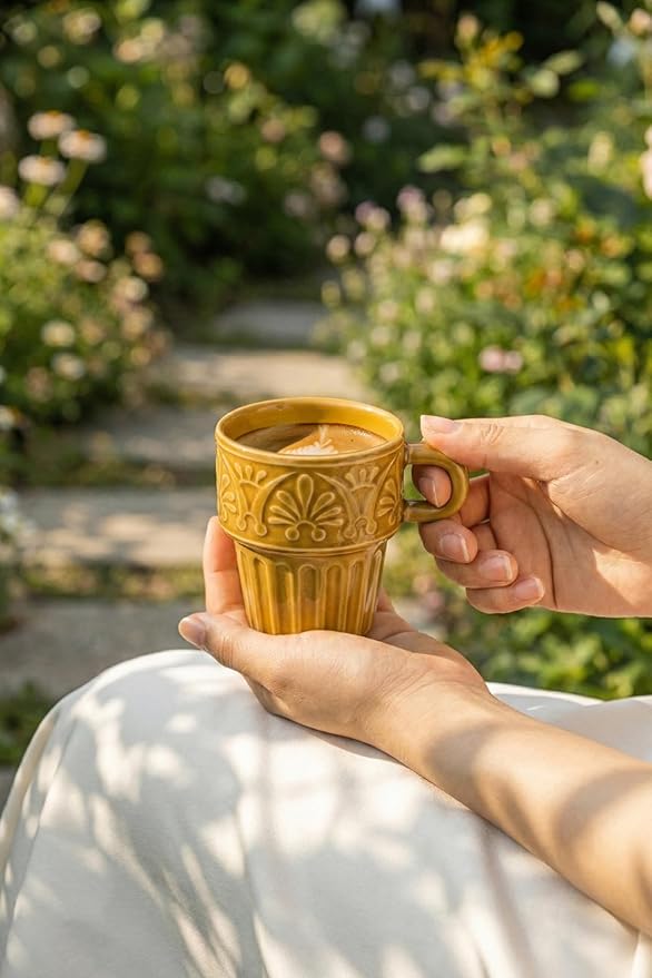 LYEOBOH Small Coffee Mug Set of 6, Stackable Mugs 3.3 OZ Ceramic Espresso Cups, Microwave & Dishwasher Safe Coffee Mugs Cups for Coffee Tea Cocoa, Modern Design for Home Kitchen, Housewarming, Khaki