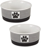 Bone Dry Ceramic Stripe Paw Pet Bowls Collection, Dishwasher Safe, Small, 4.25x2, Black, 2 Count