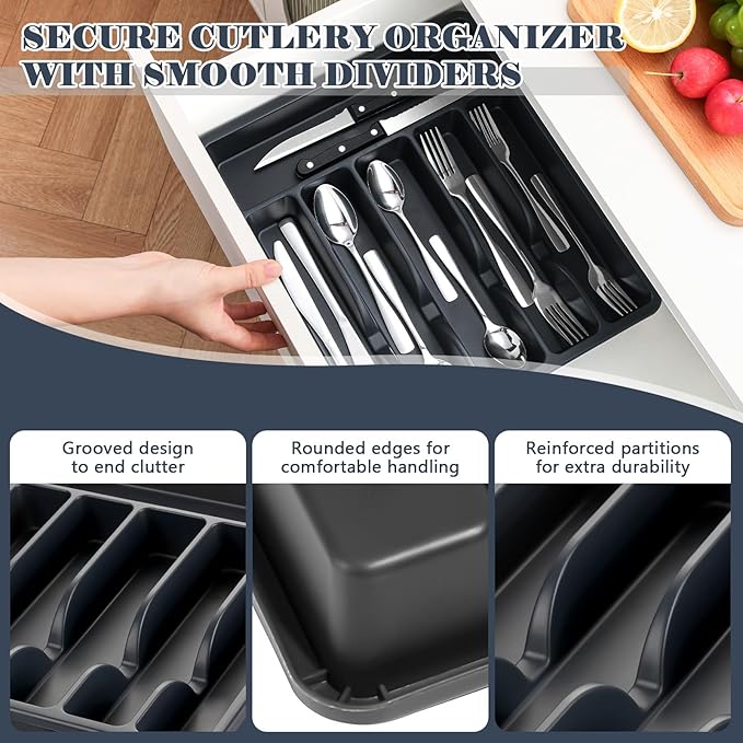BEWOS 49-Piece Silverware Set with Organizer - Stainless Steel Silverware Set for 8 with Steak Knives and Drawer Organizer, Mirror Polished Flatware Set for Home and Restaurant, Dishwasher Safe