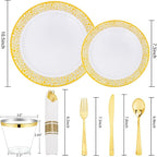 WELLIFE 175Pcs Gold Dinnerware Sets, Include:25 Dinner Plates, 25 Dessert Plates, 25 Paper Napkins, 25 Cups, 25 Plastic Cutlery Set