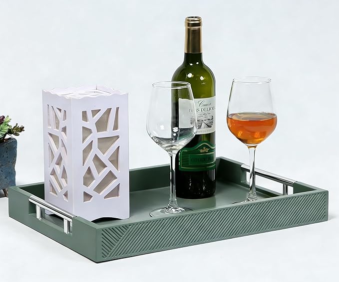 Serving Tray with Polished Metal Handles, 16.5''x12'' Rectangle Coffee Table Tray, Modern Decorative Tray, Large Ottoman Tray, Perfect for Storage and Display (Grey)