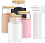 sungwoo Glass Cups with Lids and Straws, 4 Pack 16OZ Iced Coffee Cups with Silicone Sleeve, Glass Tumbler with Straw and Bamboo Lid, Home Essential Drinking Set for Juice, Cocktail and Latte 4 Colours