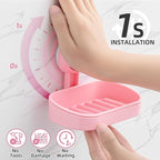 LEVERLOC Soap Dish Holder for Shower Suction Cup Wall Mounted Self Draining NO-Drilling Removable Bar Soap Sponge Holder for Bathroom Bathtub Kitchen Sink Waterproof Strong Vacuum Suction, Pink