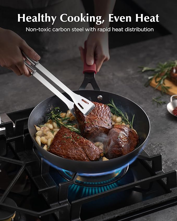 Carbon Steel Pan, 12 Inch Nonstick Frying Pan Skillet with Lid, Pre-Seasoned Carbon Steel Cookware with Removable Silicone Handle Holder, Indoor/Outdoor, Induction & Oven Safe
