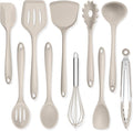 TeamFar Kitchen Cooking Utensils, 10 pcs Silicone Cooking Utensils Set, 446°F Heat Resistant Kitchen Gadgets Tools Set w/Spatula, Turners, Spoons, Soup Ladle, Pasta Server for Nonstick Cookware, Khaki