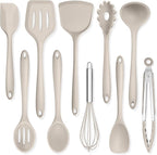 TeamFar Kitchen Cooking Utensils, 10 pcs Silicone Cooking Utensils Set, 446°F Heat Resistant Kitchen Gadgets Tools Set w/Spatula, Turners, Spoons, Soup Ladle, Pasta Server for Nonstick Cookware, Khaki